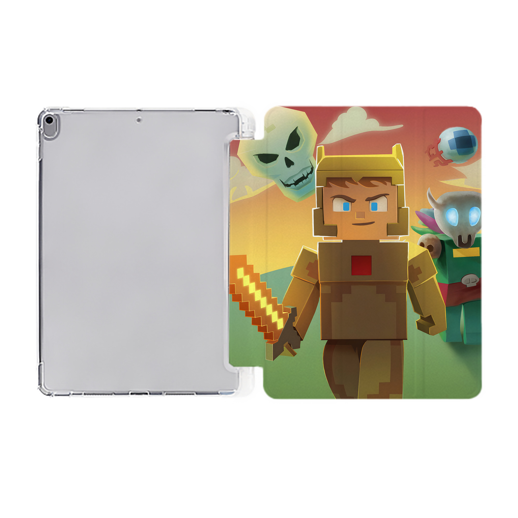 （画像用） マインクラフト ブロックの世界 Minecraft MC Block world IPad ケース ペン収納付き 三つ折りスタンド PUレザー×シリコン 対応機種9.5/10.5/10.9インチ